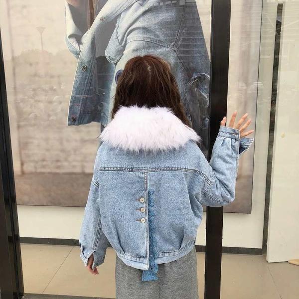 レディース　デニムジャケット　エコファー　フェイクファー　ジージャン　アウター　秋　冬　カジュアル　長袖　キュート　大人　可愛い　フェミニン　きれいめ　エレガント　おしゃれ　お出かけ　お呼ばれ　デイリー　普段着　ブルー　フリーサイズ　送料無料