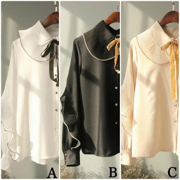 レディース　シフォン　ブラウス　フレア　リボン　無地　シャツ　長袖　トップス　カジュアル　キュート　大人　可愛い　フェミニン　おしゃれ　お出かけ　デイリー　普段着　ホワイト　ベージュ　ブラック　フリーサイズ　ワンサイズ　送料無料