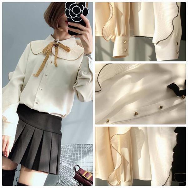 レディース　シフォン　ブラウス　フレア　リボン　無地　シャツ　長袖　トップス　カジュアル　キュート　大人　可愛い　フェミニン　おしゃれ　お出かけ　デイリー　普段着　ホワイト　ベージュ　ブラック　フリーサイズ　ワンサイズ　送料無料