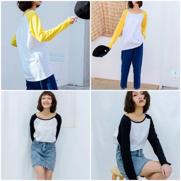 レディース　ラグランスリーブ　ロングTシャツ　ロンT　長袖　トップス　カジュアル　キュート　大人　可愛い　フェミニン　おしゃれ　お出かけ　普段着　デイリー　イエロー　ブラック　フリーサイズ　ワンサイズ　送料無料