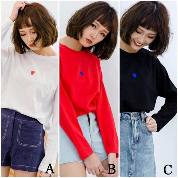 レディース　ロングTシャツ　ハート　プリント　ワンポイント　ロンT　長袖　トップス　カジュアル　キュート　大人　可愛い　フェミニン　おしゃれ　お出かけ　普段着　デイリー　ホワイト　ブラック　レッド　フリーサイズ　ワンサイズ　送料無料