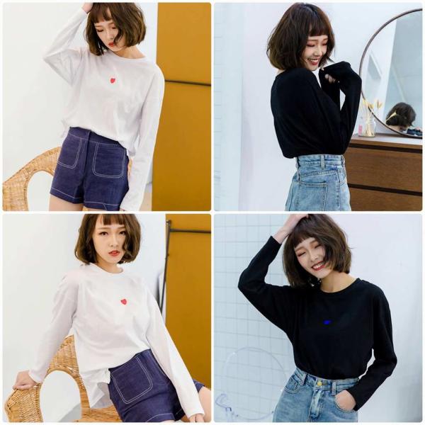 レディース　ロングTシャツ　ハート　プリント　ワンポイント　ロンT　長袖　トップス　カジュアル　キュート　大人　可愛い　フェミニン　おしゃれ　お出かけ　普段着　デイリー　ホワイト　ブラック　レッド　フリーサイズ　ワンサイズ　送料無料