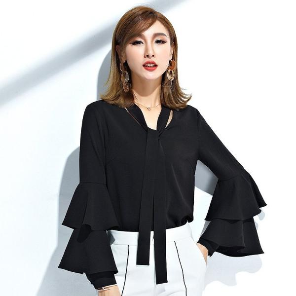 レディース　シフォン　ブラウス　シャツ　長袖　トップス　カジュアル　キュート　大人　可愛い　フェミニン　おしゃれ　お出かけ　エレガント　オフィス　デイリー　普段着　ホワイト　ブラック　M　L　XL　サイズ　送料無料