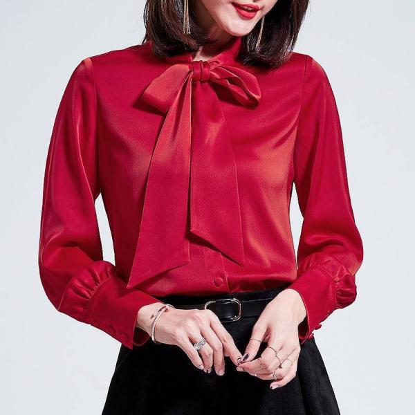 レディース　大きいサイズ　シフォン　ブラウス　襟元　リボン　シャツ　長袖　トップス　カジュアル　キュート　大人　可愛い　フェミニン　おしゃれ　お出かけ　エレガント　オフィス　ホワイト　ブラック　レッド　ベージュ　カーキ　グレー　S　M　L　XL　2XL　送料無料