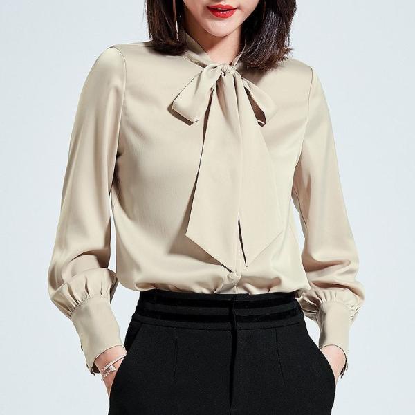 レディース　大きいサイズ　シフォン　ブラウス　襟元　リボン　シャツ　長袖　トップス　カジュアル　キュート　大人　可愛い　フェミニン　おしゃれ　お出かけ　エレガント　オフィス　ホワイト　ブラック　レッド　ベージュ　カーキ　グレー　S　M　L　XL　2XL　送料無料