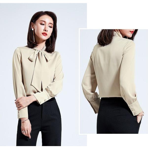 レディース　大きいサイズ　シフォン　ブラウス　襟元　リボン　シャツ　長袖　トップス　カジュアル　キュート　大人　可愛い　フェミニン　おしゃれ　お出かけ　エレガント　オフィス　ホワイト　ブラック　レッド　ベージュ　カーキ　グレー　S　M　L　XL　2XL　送料無料