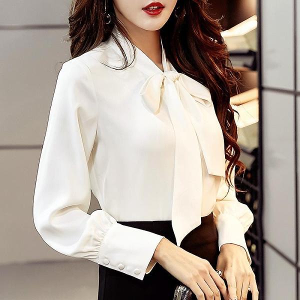 レディース　大きいサイズ　シフォン　ブラウス　襟元　リボン　シャツ　長袖　トップス　カジュアル　キュート　大人　可愛い　フェミニン　おしゃれ　お出かけ　エレガント　オフィス　ホワイト　ブラック　レッド　ベージュ　カーキ　グレー　S　M　L　XL　2XL　送料無料