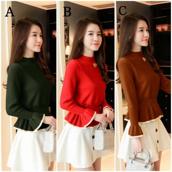 レディース　フレアスリーブニット　ボリュームスリーブ　カットソー　セーター　ボトルネック　長袖　トップス　カジュアル　キュート　大人　可愛い　フェミニン　おしゃれ　お出かけ　オフィス　デイリー　ブラック　ブラウン　イエロー　レッド　グリーン　送料無料