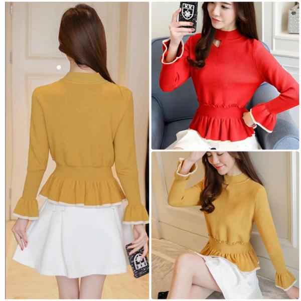 レディース　フレアスリーブニット　ボリュームスリーブ　カットソー　セーター　ボトルネック　長袖　トップス　カジュアル　キュート　大人　可愛い　フェミニン　おしゃれ　お出かけ　オフィス　デイリー　ブラック　ブラウン　イエロー　レッド　グリーン　送料無料