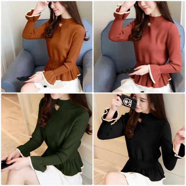 レディース　フレアスリーブニット　ボリュームスリーブ　カットソー　セーター　ボトルネック　長袖　トップス　カジュアル　キュート　大人　可愛い　フェミニン　おしゃれ　お出かけ　オフィス　デイリー　ブラック　ブラウン　イエロー　レッド　グリーン　送料無料