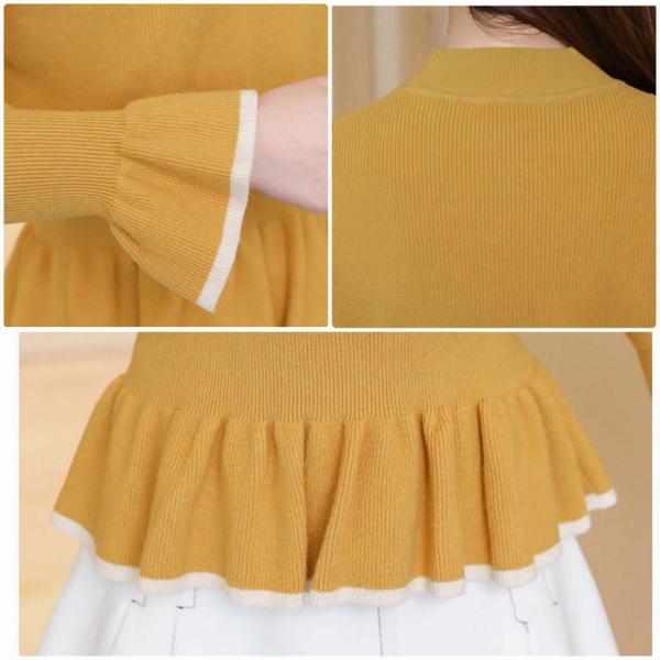 レディース　フレアスリーブニット　ボリュームスリーブ　カットソー　セーター　ボトルネック　長袖　トップス　カジュアル　キュート　大人　可愛い　フェミニン　おしゃれ　お出かけ　オフィス　デイリー　ブラック　ブラウン　イエロー　レッド　グリーン　送料無料