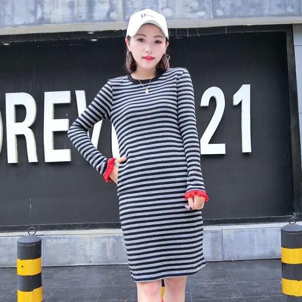 レディース　Tシャツワンピース　ひざ上丈　ボーダー　長袖　トップス　カジュアル　キュート　大人　可愛い　フェミニン　おしゃれ　お出かけ　デイリー　普段着　迷彩　ブラック×ホワイト　ブラック×グレー　M　L　XL　サイズ　送料無料