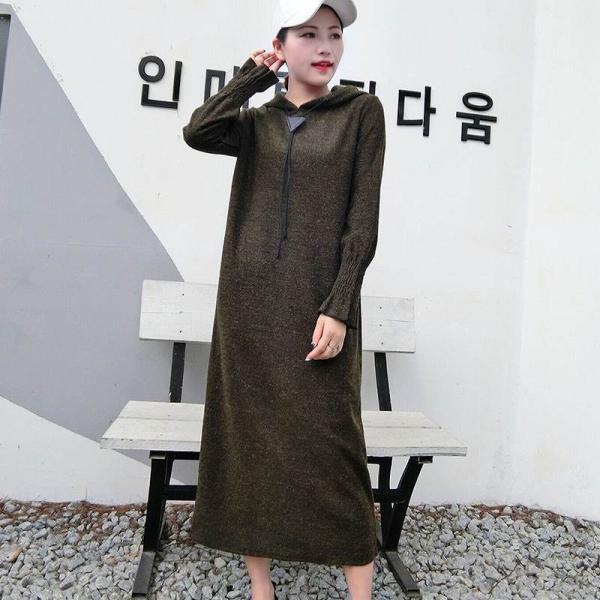 レディース　大きいサイズ　ボリュームスリーブ　フレアスリーブ　ワンピース　ミモレ丈　マキシ丈　フード付き　パーカー　長袖　トップス　カジュアル　大人　可愛い　フェミニン　おしゃれ　お出かけ　デイリー　普段着　ブラック　オリーブ　ブラウン　グレー　送料無料