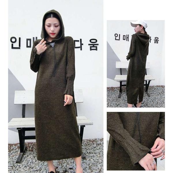レディース　大きいサイズ　ボリュームスリーブ　フレアスリーブ　ワンピース　ミモレ丈　マキシ丈　フード付き　パーカー　長袖　トップス　カジュアル　大人　可愛い　フェミニン　おしゃれ　お出かけ　デイリー　普段着　ブラック　オリーブ　ブラウン　グレー　送料無料