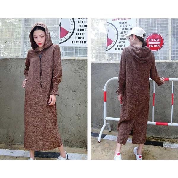 レディース　大きいサイズ　ボリュームスリーブ　フレアスリーブ　ワンピース　ミモレ丈　マキシ丈　フード付き　パーカー　長袖　トップス　カジュアル　大人　可愛い　フェミニン　おしゃれ　お出かけ　デイリー　普段着　ブラック　オリーブ　ブラウン　グレー　送料無料