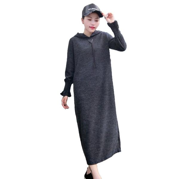 レディース　大きいサイズ　ボリュームスリーブ　フレアスリーブ　ワンピース　ミモレ丈　マキシ丈　フード付き　パーカー　長袖　トップス　カジュアル　大人　可愛い　フェミニン　おしゃれ　お出かけ　デイリー　普段着　ブラック　オリーブ　ブラウン　グレー　送料無料