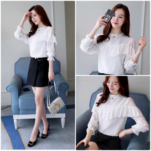 レディース　大きいサイズ　フレアスリーブ　ボリュームスリーブ　ブラウス　シャツ　ボトルネック　長袖　トップス　カジュアル　キュート　大人　可愛い　フェミニン　おしゃれ　お出かけ　オフィス　デイリー　ホワイト　S　M　L　XL　2XL　サイズ　送料無料