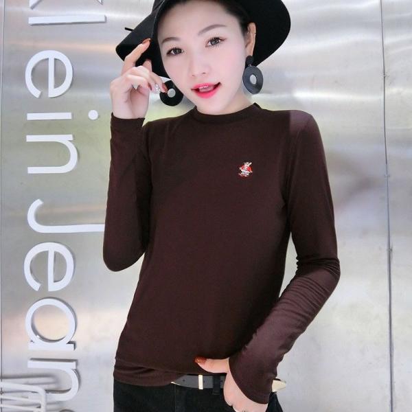 レディース　大きいサイズ　ロングTシャツ　春　ワンポイント　クルーネック　ロンT　長袖　トップス　カジュアル　キュート　大人　可愛い　フェミニン　おしゃれ　お出かけ　普段着　デイリー　ブラック　ブラウン　M　L　XL　XXL　送料無料