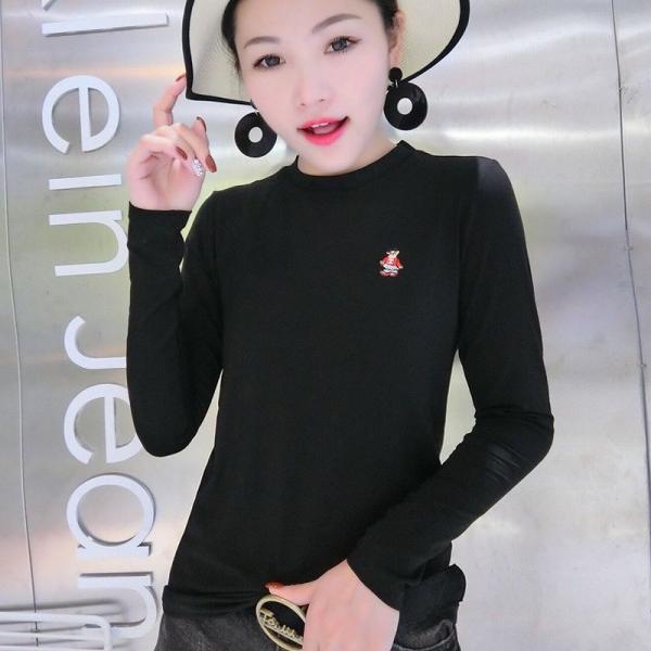 レディース　大きいサイズ　ロングTシャツ　春　ワンポイント　クルーネック　ロンT　長袖　トップス　カジュアル　キュート　大人　可愛い　フェミニン　おしゃれ　お出かけ　普段着　デイリー　ブラック　ブラウン　M　L　XL　XXL　送料無料