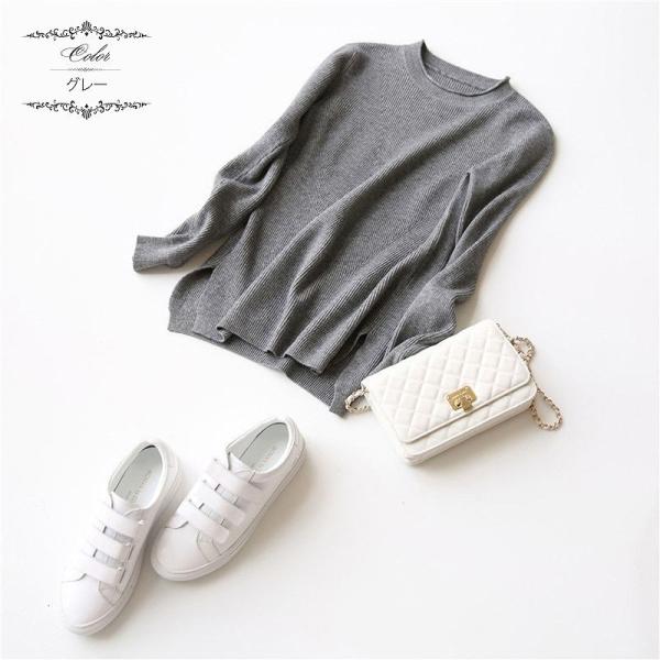 レディース　リブニット　カットソー　長袖　セーター　トップス　カジュアル　キュート　大人　可愛い　フェミニン　おしゃれ　お出かけ　オフィス　デイリー　普段着　カーキ　パープル　ホワイト　ダークグレー　グレー　ピンク　ブラック　フリーサイズ　送料無料