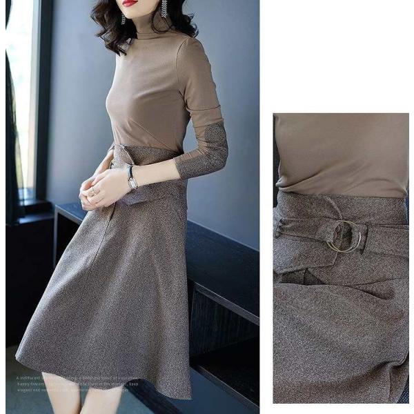 レディース　上下セット　タートルネック　ロングTシャツ　ハイウエスト　スカート　セットアップ　長袖　トップス　ボトムス　カジュアル　可愛い　フェミニン　きれいめ　おしゃれ　デイリー　普段着　カーキ　S　M　L　XL　サイズ　送料無料