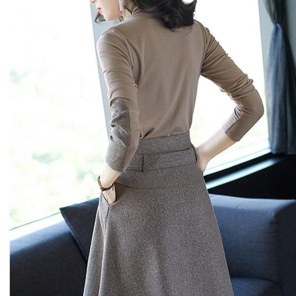 レディース　上下セット　タートルネック　ロングTシャツ　ハイウエスト　スカート　セットアップ　長袖　トップス　ボトムス　カジュアル　可愛い　フェミニン　きれいめ　おしゃれ　デイリー　普段着　カーキ　S　M　L　XL　サイズ　送料無料