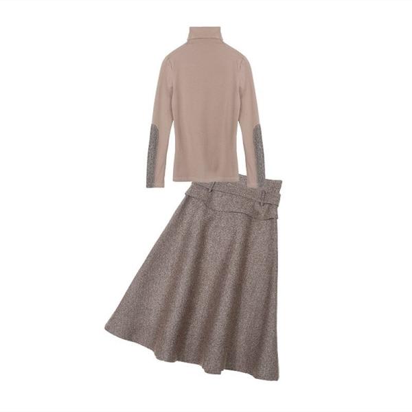レディース　上下セット　タートルネック　ロングTシャツ　ハイウエスト　スカート　セットアップ　長袖　トップス　ボトムス　カジュアル　可愛い　フェミニン　きれいめ　おしゃれ　デイリー　普段着　カーキ　S　M　L　XL　サイズ　送料無料