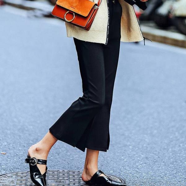 レディース　ハイウエスト　パンツ　ベルボトム　ブーツカット　フレア　スリット　ボトムス　カジュアル　キュート　可愛い　フェミニン　きれいめ　エレガント　おしゃれ　お出かけ　オフィス　デイリー　普段着　ブラック　S　M　サイズ　送料無料