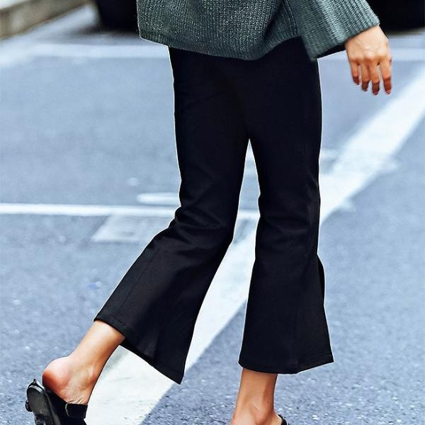 レディース　ハイウエスト　パンツ　ベルボトム　ブーツカット　フレア　スリット　ボトムス　カジュアル　キュート　可愛い　フェミニン　きれいめ　エレガント　おしゃれ　お出かけ　オフィス　デイリー　普段着　ブラック　S　M　サイズ　送料無料