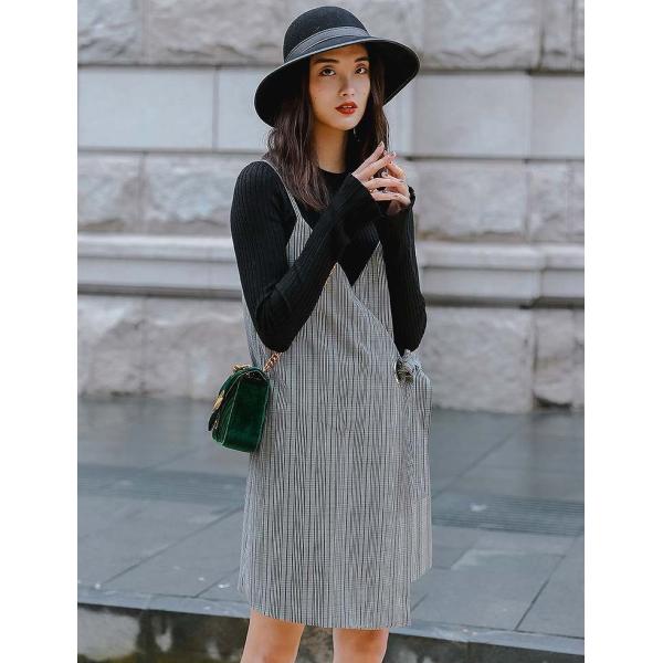 レディース　チェック柄　ワンピース　ひざ上丈　ストラップ　スカート　カジュアル　キュート　可愛い　フェミニン　きれいめ　上品　エレガント　おしゃれ　お出かけ　デイリー　普段着　グレー　フリーサイズ　ワンサイズ　送料無料