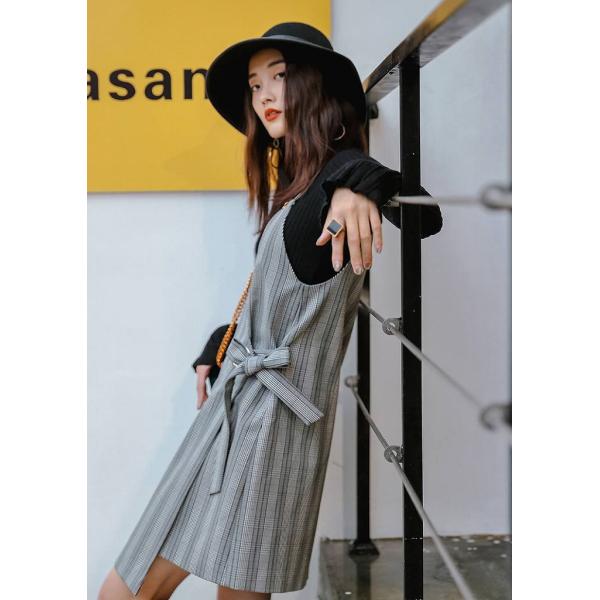 レディース　チェック柄　ワンピース　ひざ上丈　ストラップ　スカート　カジュアル　キュート　可愛い　フェミニン　きれいめ　上品　エレガント　おしゃれ　お出かけ　デイリー　普段着　グレー　フリーサイズ　ワンサイズ　送料無料