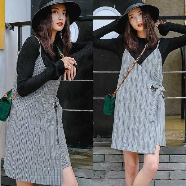 レディース　チェック柄　ワンピース　ひざ上丈　ストラップ　スカート　カジュアル　キュート　可愛い　フェミニン　きれいめ　上品　エレガント　おしゃれ　お出かけ　デイリー　普段着　グレー　フリーサイズ　ワンサイズ　送料無料