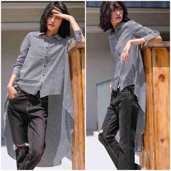 レディース　チュニック丈　ロング丈　ブラウス　チェック柄　シャツ　長袖　トップス　カジュアル　キュート　大人　可愛い　フェミニン　おしゃれ　お出かけ　エレガント　オフィス　デイリー　普段着　ブラック　フリーサイズ　ワンサイズ　送料無料