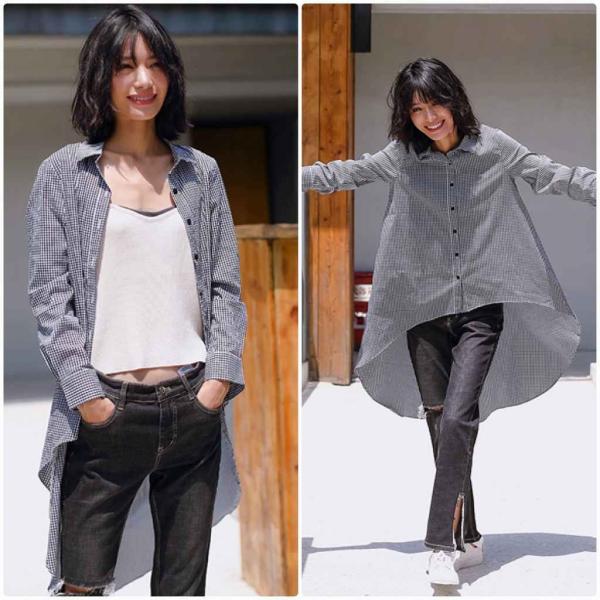 レディース　チュニック丈　ロング丈　ブラウス　チェック柄　シャツ　長袖　トップス　カジュアル　キュート　大人　可愛い　フェミニン　おしゃれ　お出かけ　エレガント　オフィス　デイリー　普段着　ブラック　フリーサイズ　ワンサイズ　送料無料