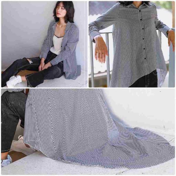 レディース　チュニック丈　ロング丈　ブラウス　チェック柄　シャツ　長袖　トップス　カジュアル　キュート　大人　可愛い　フェミニン　おしゃれ　お出かけ　エレガント　オフィス　デイリー　普段着　ブラック　フリーサイズ　ワンサイズ　送料無料