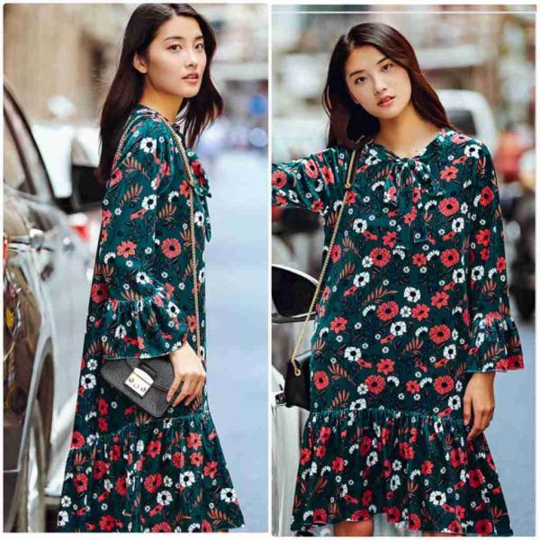 レディース　花柄　ワンピース　ボリュームスリーブ　フレアスリーブ　ミディ丈　ひざ下丈　スカート　カジュアル　キュート　可愛い　フェミニン　きれいめ　上品　エレガント　おしゃれ　お出かけ　デイリー　普段着　フリーサイズ　ワンサイズ　送料無料