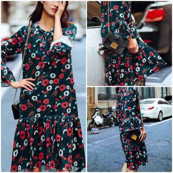 レディース　花柄　ワンピース　ボリュームスリーブ　フレアスリーブ　ミディ丈　ひざ下丈　スカート　カジュアル　キュート　可愛い　フェミニン　きれいめ　上品　エレガント　おしゃれ　お出かけ　デイリー　普段着　フリーサイズ　ワンサイズ　送料無料