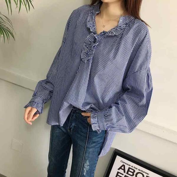 レディース　ボリュームスリーブ　キャンディースリーブ　ブラウス　ストライプ　シャツ　長袖　トップス　カジュアル　キュート　大人　可愛い　フェミニン　おしゃれ　お出かけ　エレガント　オフィス　デイリー　普段着　ブルー　ホワイト　フリーサイズ　送料無料