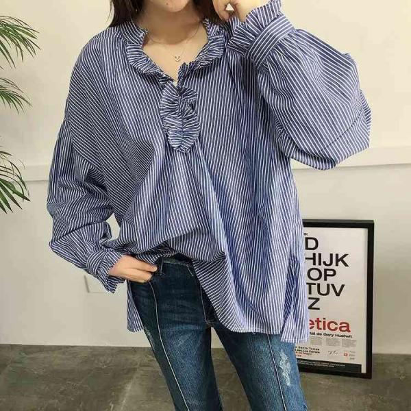 レディース　ボリュームスリーブ　キャンディースリーブ　ブラウス　ストライプ　シャツ　長袖　トップス　カジュアル　キュート　大人　可愛い　フェミニン　おしゃれ　お出かけ　エレガント　オフィス　デイリー　普段着　ブルー　ホワイト　フリーサイズ　送料無料