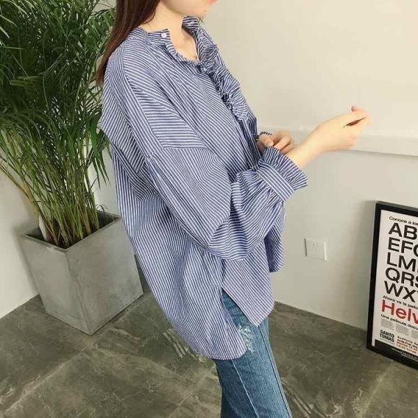 レディース　ボリュームスリーブ　キャンディースリーブ　ブラウス　ストライプ　シャツ　長袖　トップス　カジュアル　キュート　大人　可愛い　フェミニン　おしゃれ　お出かけ　エレガント　オフィス　デイリー　普段着　ブルー　ホワイト　フリーサイズ　送料無料