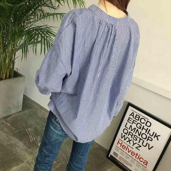 レディース　ボリュームスリーブ　キャンディースリーブ　ブラウス　ストライプ　シャツ　長袖　トップス　カジュアル　キュート　大人　可愛い　フェミニン　おしゃれ　お出かけ　エレガント　オフィス　デイリー　普段着　ブルー　ホワイト　フリーサイズ　送料無料