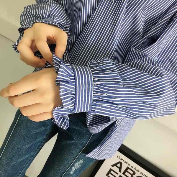 レディース　ボリュームスリーブ　キャンディースリーブ　ブラウス　ストライプ　シャツ　長袖　トップス　カジュアル　キュート　大人　可愛い　フェミニン　おしゃれ　お出かけ　エレガント　オフィス　デイリー　普段着　ブルー　ホワイト　フリーサイズ　送料無料