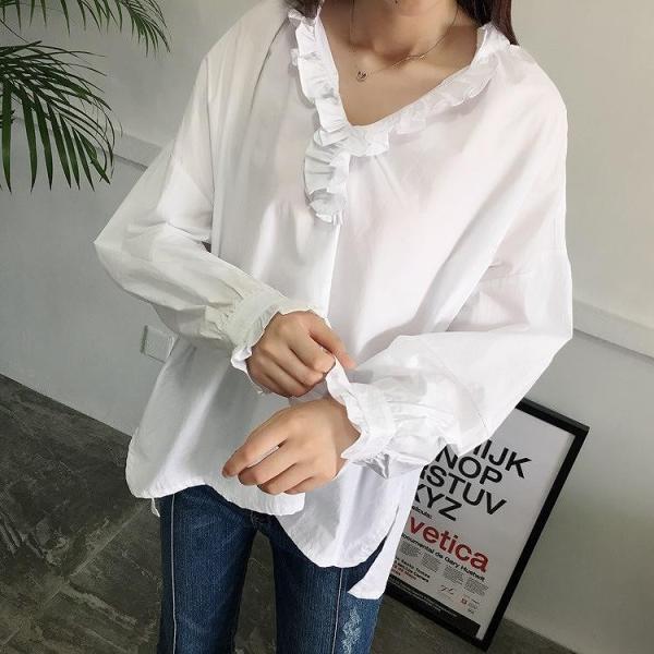 レディース　ボリュームスリーブ　キャンディースリーブ　ブラウス　ストライプ　シャツ　長袖　トップス　カジュアル　キュート　大人　可愛い　フェミニン　おしゃれ　お出かけ　エレガント　オフィス　デイリー　普段着　ブルー　ホワイト　フリーサイズ　送料無料