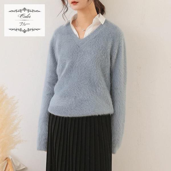 レディース　ニット　ふわふわ　もこもこ　カットソー　Vネック　長袖　無地　セーター　トップス　カジュアル　キュート　大人　可愛い　フェミニン　おしゃれ　お出かけ　オフィス　デイリー　普段着　レッド　ブルー　オフホワイト　フリーサイズ　送料無料