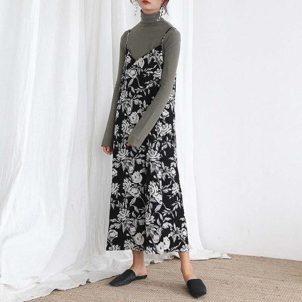 レディース　シフォン　ワンピース　ミモレ丈　ストラップ　キャミソール　スカート　トップス　カジュアル　キュート　大人　可愛い　フェミニン　おしゃれ　お出かけ　デイリー　普段着　ブラック　ブラウン　ネイビー　フリーサイズ　ワンサイズ　送料無料