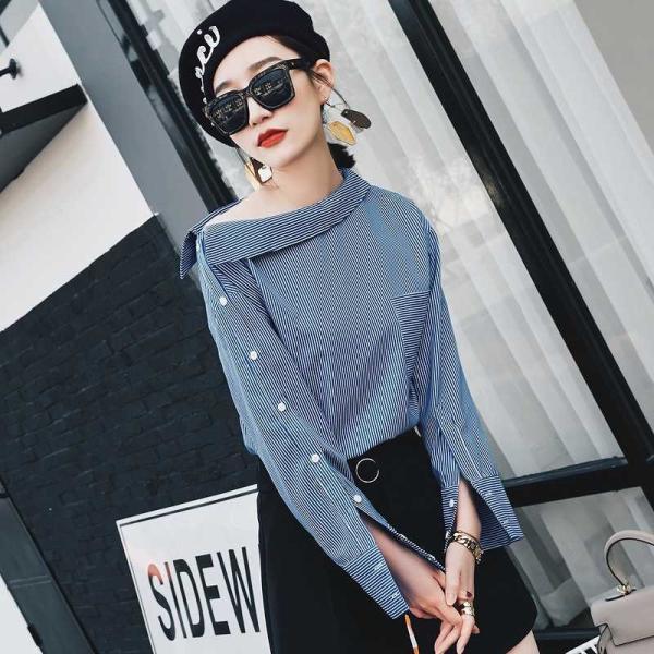 レディース　ボートネック　ブラウス　ストライプ　シャツ　長袖　トップス　カジュアル　キュート　大人　可愛い　フェミニン　おしゃれ　お出かけ　エレガント　オフィス　デイリー　普段着　ブルー　グレー　M　L　XL　サイズ　送料無料