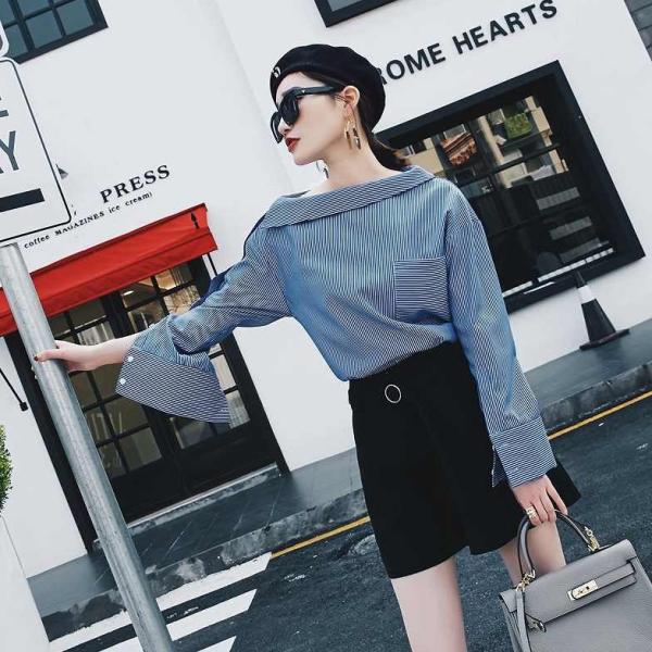 レディース　ボートネック　ブラウス　ストライプ　シャツ　長袖　トップス　カジュアル　キュート　大人　可愛い　フェミニン　おしゃれ　お出かけ　エレガント　オフィス　デイリー　普段着　ブルー　グレー　M　L　XL　サイズ　送料無料