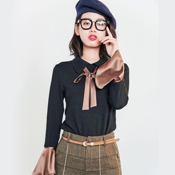 レディース　ボリュームスリーブ　フレアスリーブ　ブラウス　襟元リボン　シャツ　長袖　トップス　カジュアル　キュート　大人　可愛い　フェミニン　おしゃれ　お出かけ　デイリー　オフィス　普段着　ブラック　ブラウン　M　L　XL　サイズ　送料無料