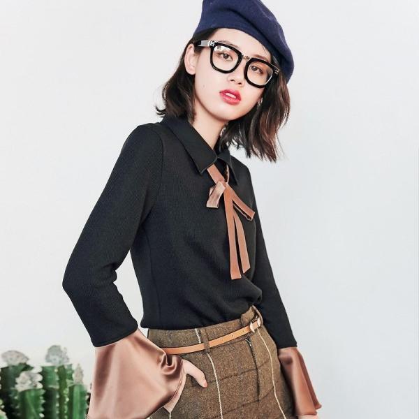 レディース　ボリュームスリーブ　フレアスリーブ　ブラウス　襟元リボン　シャツ　長袖　トップス　カジュアル　キュート　大人　可愛い　フェミニン　おしゃれ　お出かけ　デイリー　オフィス　普段着　ブラック　ブラウン　M　L　XL　サイズ　送料無料