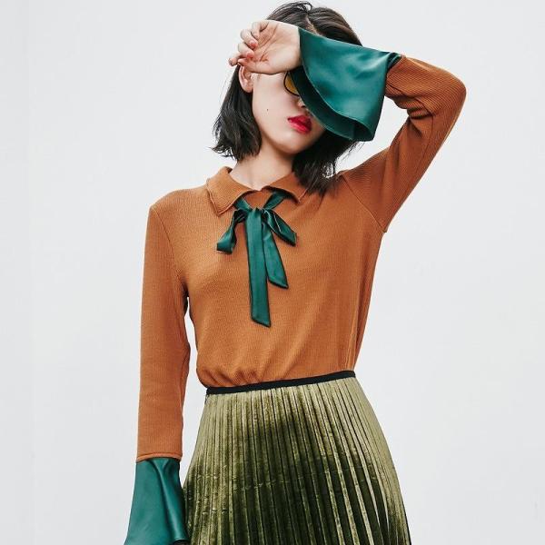 レディース　ボリュームスリーブ　フレアスリーブ　ブラウス　襟元リボン　シャツ　長袖　トップス　カジュアル　キュート　大人　可愛い　フェミニン　おしゃれ　お出かけ　デイリー　オフィス　普段着　ブラック　ブラウン　M　L　XL　サイズ　送料無料